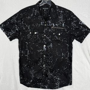 INC Men's M Black Paint Splatter Short Sleeve Snap Front Shirt Chest Pkts Grunge
